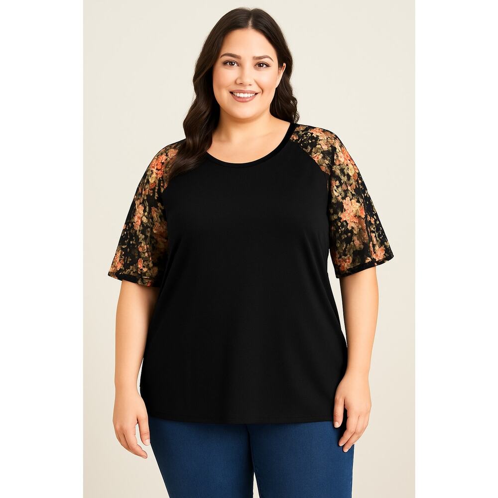 Plus Size 26 4X BloomChic Floral Mesh Sleeve Black Stretchy T Shirt Top